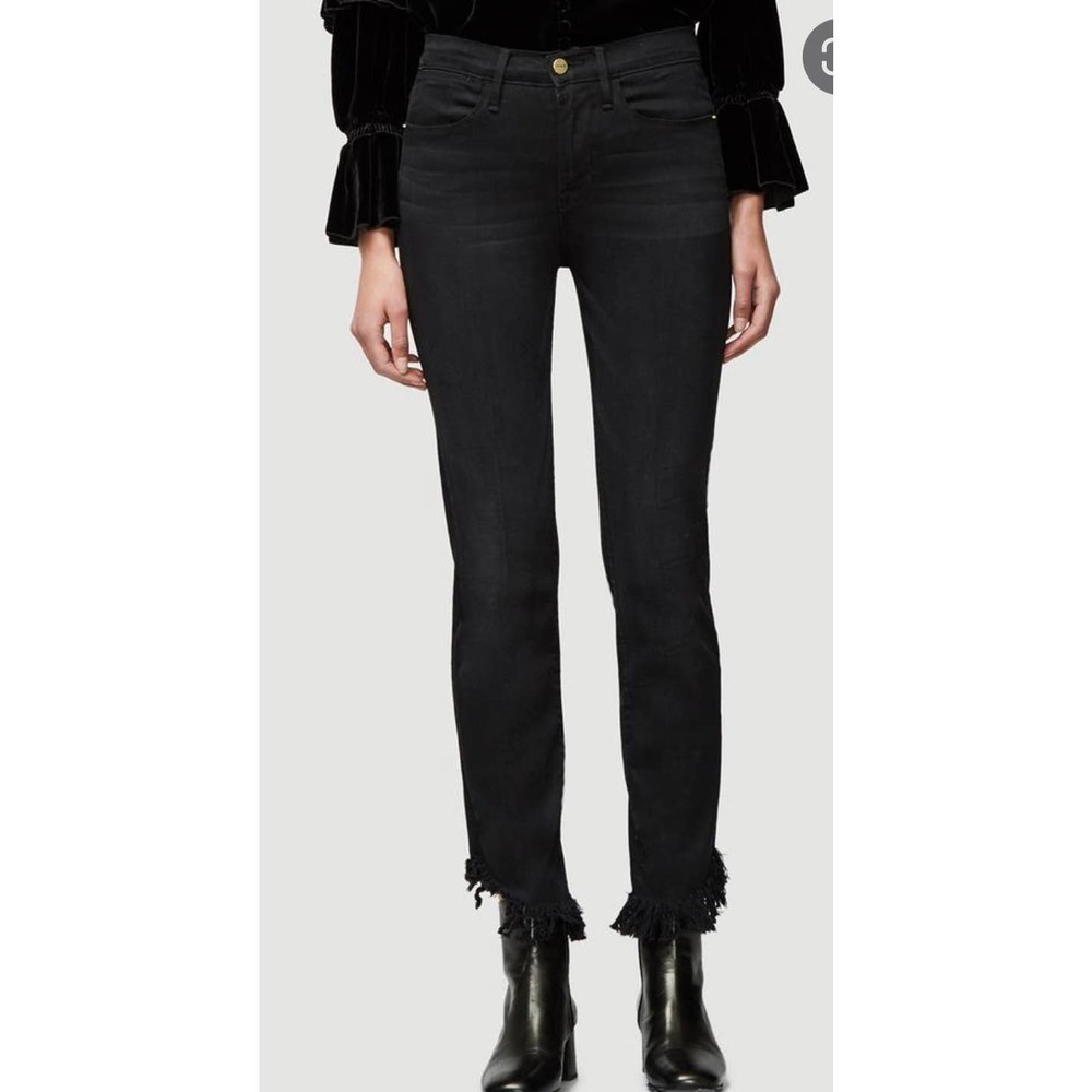 FRAME Black Frayed Hem Jeans Size 25 Cropped Straight Designer Denim